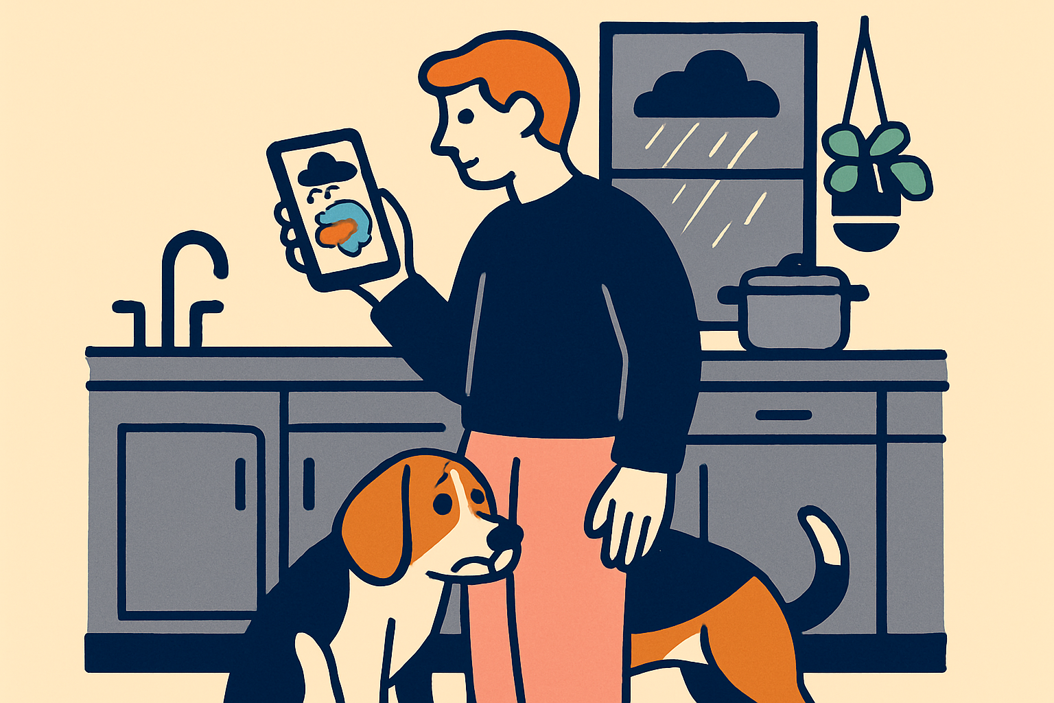Person checking weather radar on a phone in a kitchen while a nervous beagle leans hard against their leg, gray stormy afternoon light