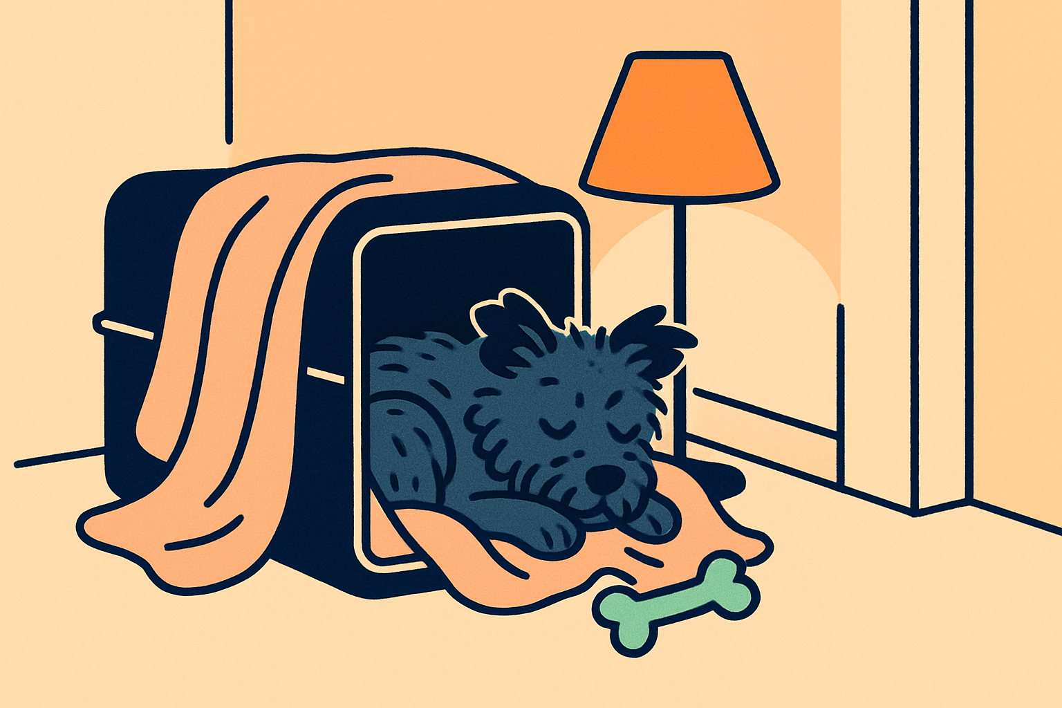 Small scruffy dog curled in an open crate draped with a soft blanket in a windowless hallway, warm lamp glow, chew toy beside paws