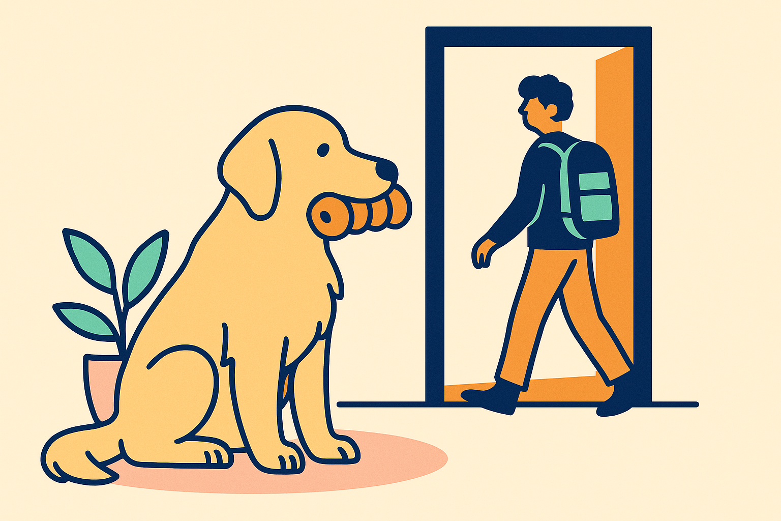 Golden retriever calmly holding a rubber food toy near a front door as a teenager with a backpack steps out into morning light