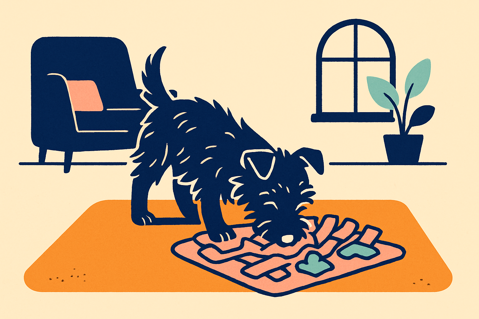 Small scruffy terrier nose-deep in a snuffle mat on a sunlit living room rug in an otherwise empty quiet house