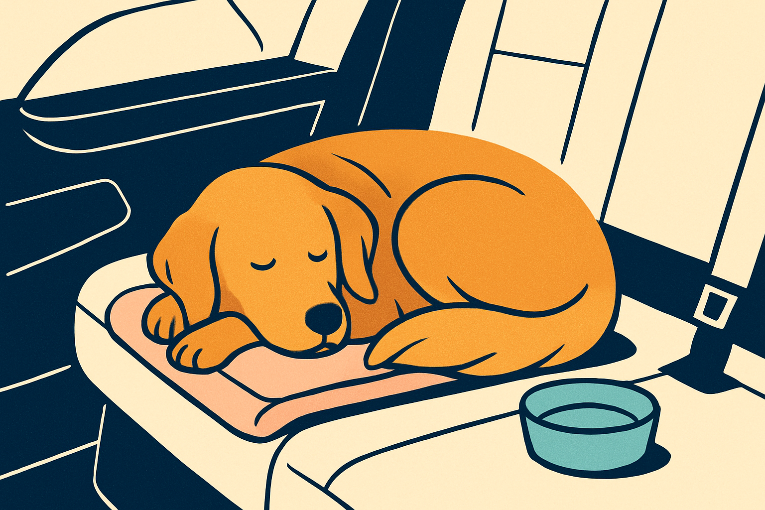 A relaxed golden retriever curled on a folded blanket in a car back seat beside a travel water bowl, warm late-summer light