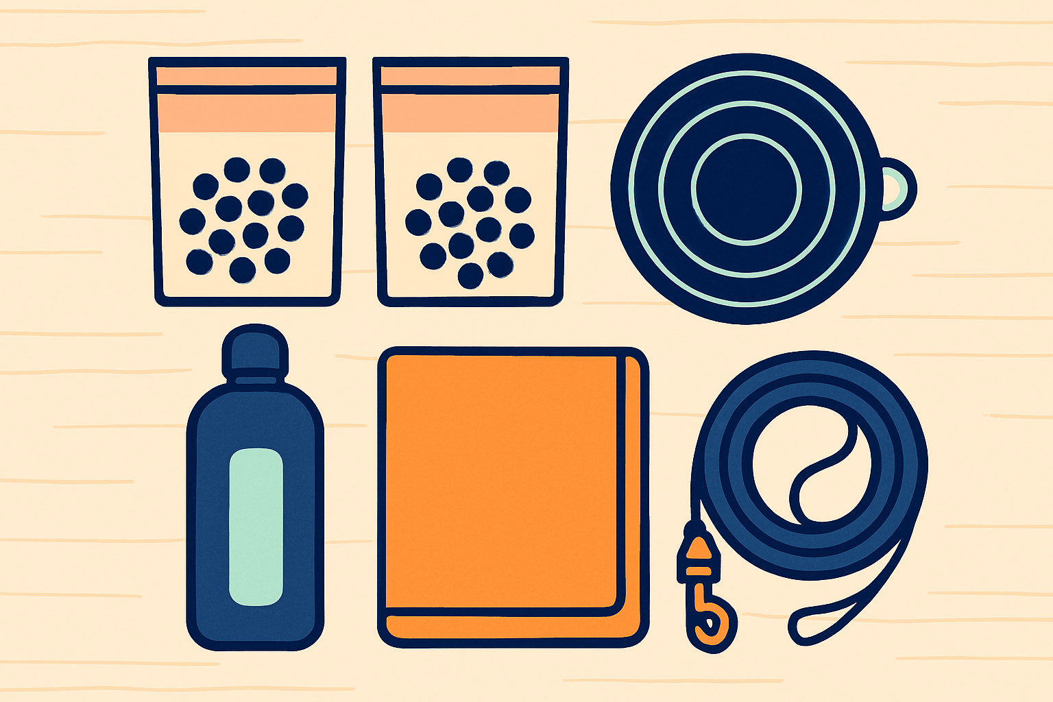 Overhead flat lay of a dog travel kit: measured food bags, collapsible bowl, water jug, towel, leash, arranged neatly on wood