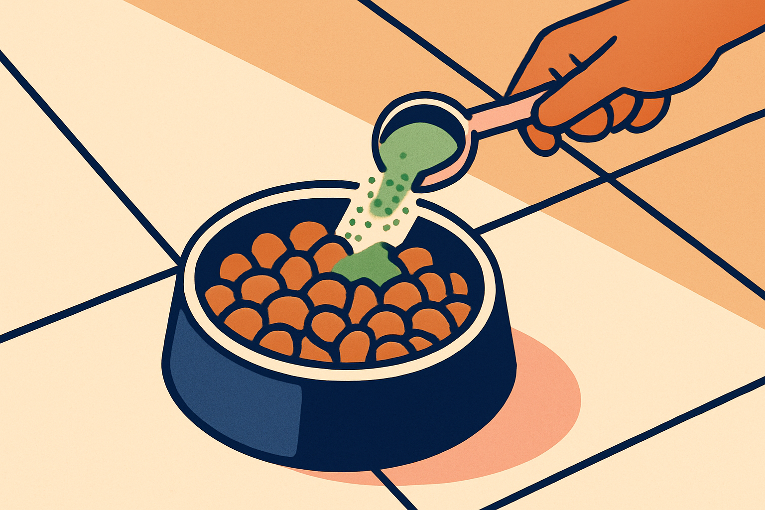 Overhead view of a dog bowl of kibble on a kitchen floor with green seaweed powder being sprinkled from a small scoop, morning light