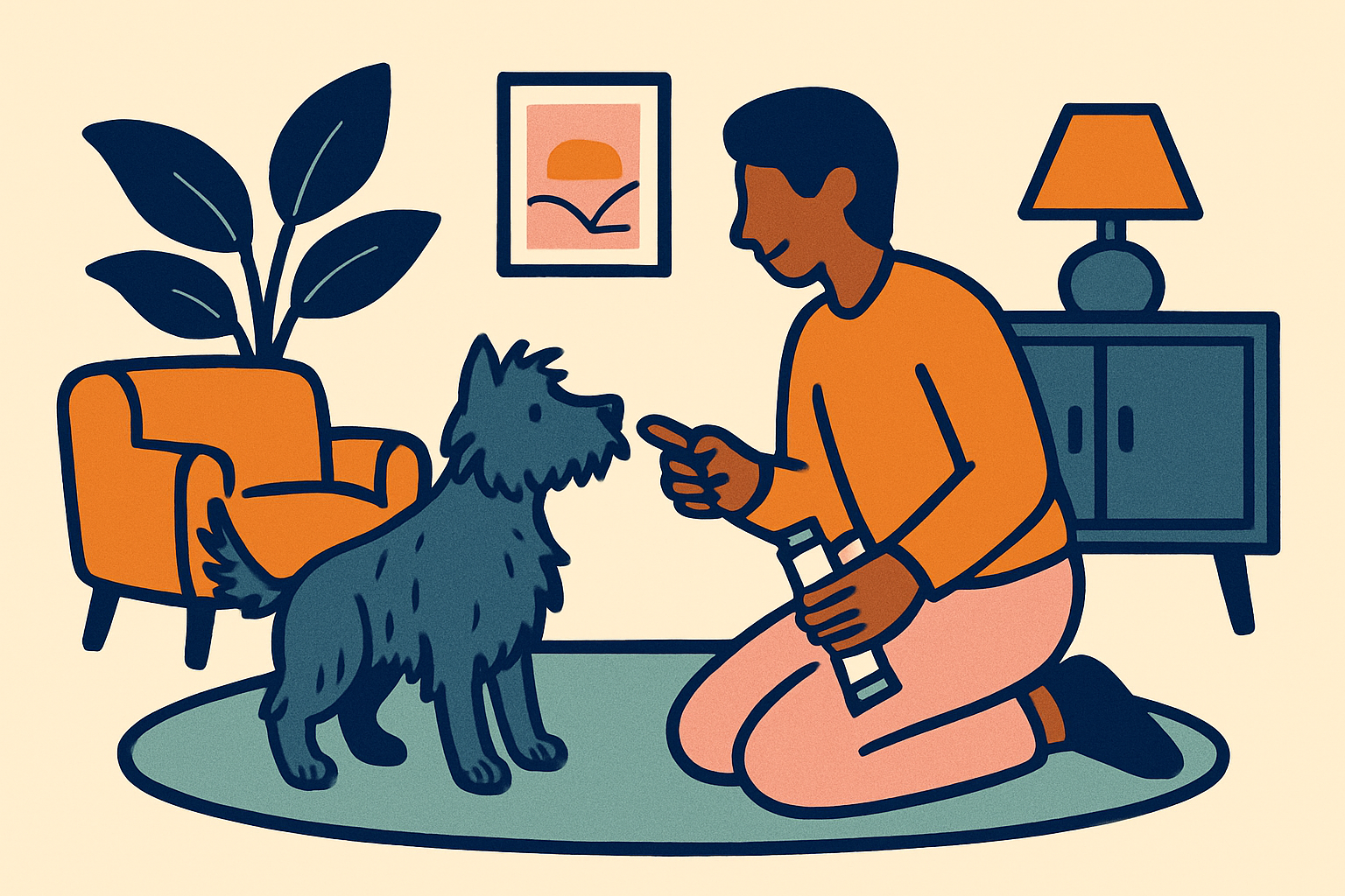 Person kneeling on a rug offering a finger with dog toothpaste to a curious scruffy terrier who is sniffing it, calm cozy living room