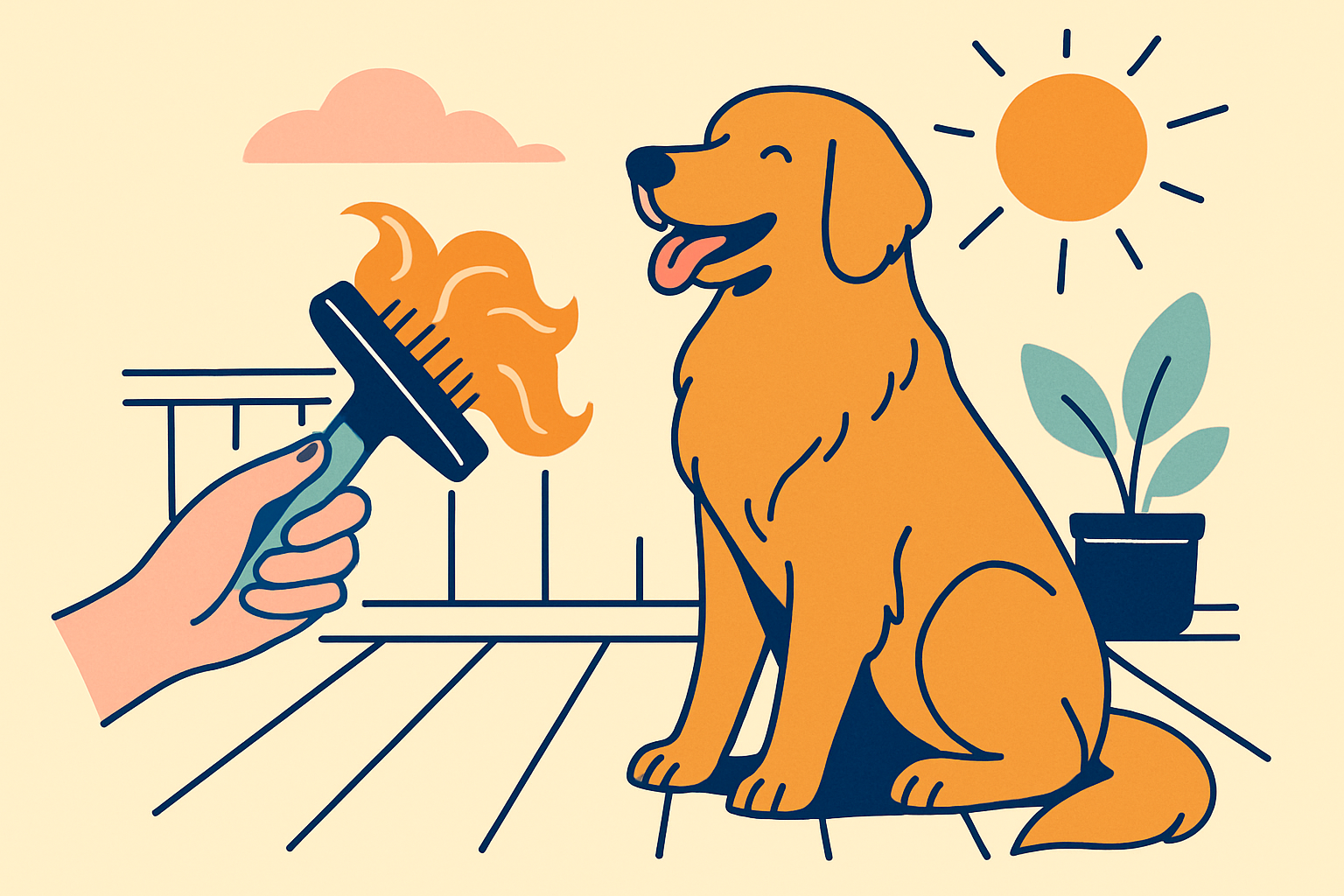 Golden retriever on a sunny back deck while a hand pulls a thick tuft of loose undercoat from a slicker brush