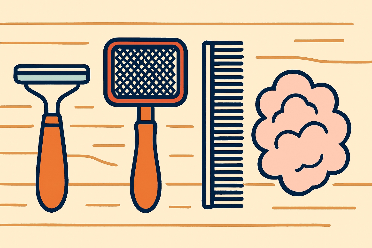 Flat lay on a wood porch of an undercoat rake, slicker brush, steel comb, and a neat pile of soft brushed-out fur