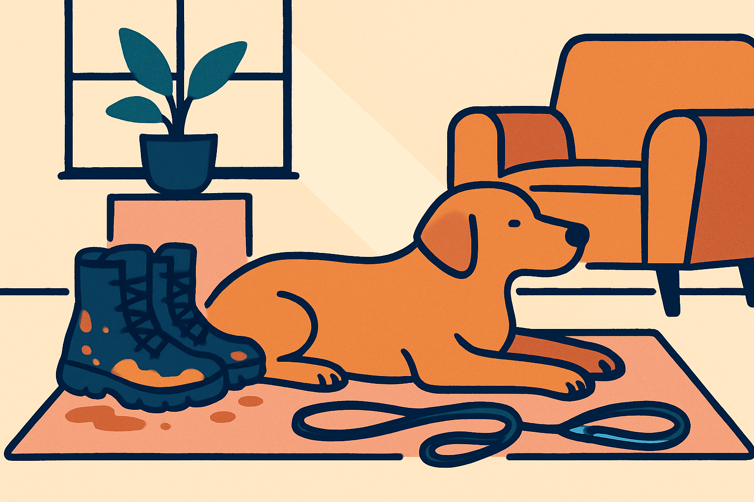 A medium brown dog lying flat on a living room rug beside muddy hiking boots and a coiled leash, morning light through window