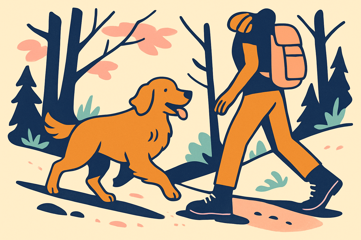 Golden retriever mid stride on a dirt forest trail beside a person in hiking clothes, dappled sunlight, gentle uphill grade