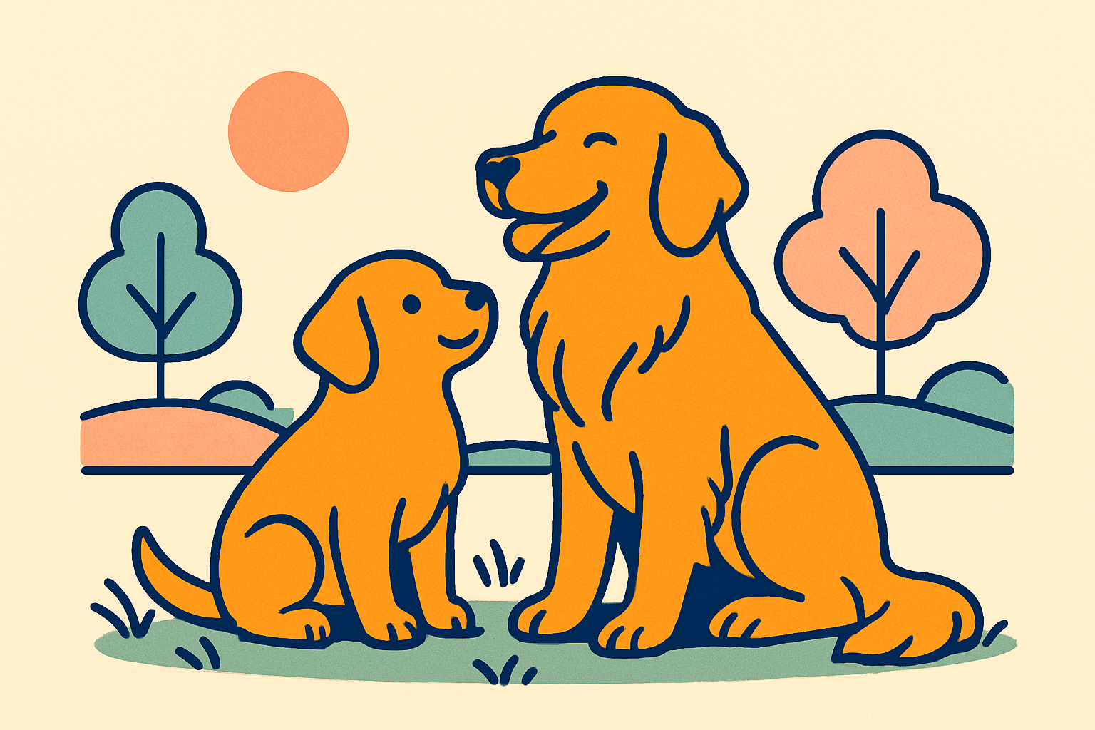 A golden retriever puppy and a full-grown golden retriever sitting side by side on grass in warm morning light, simple park background