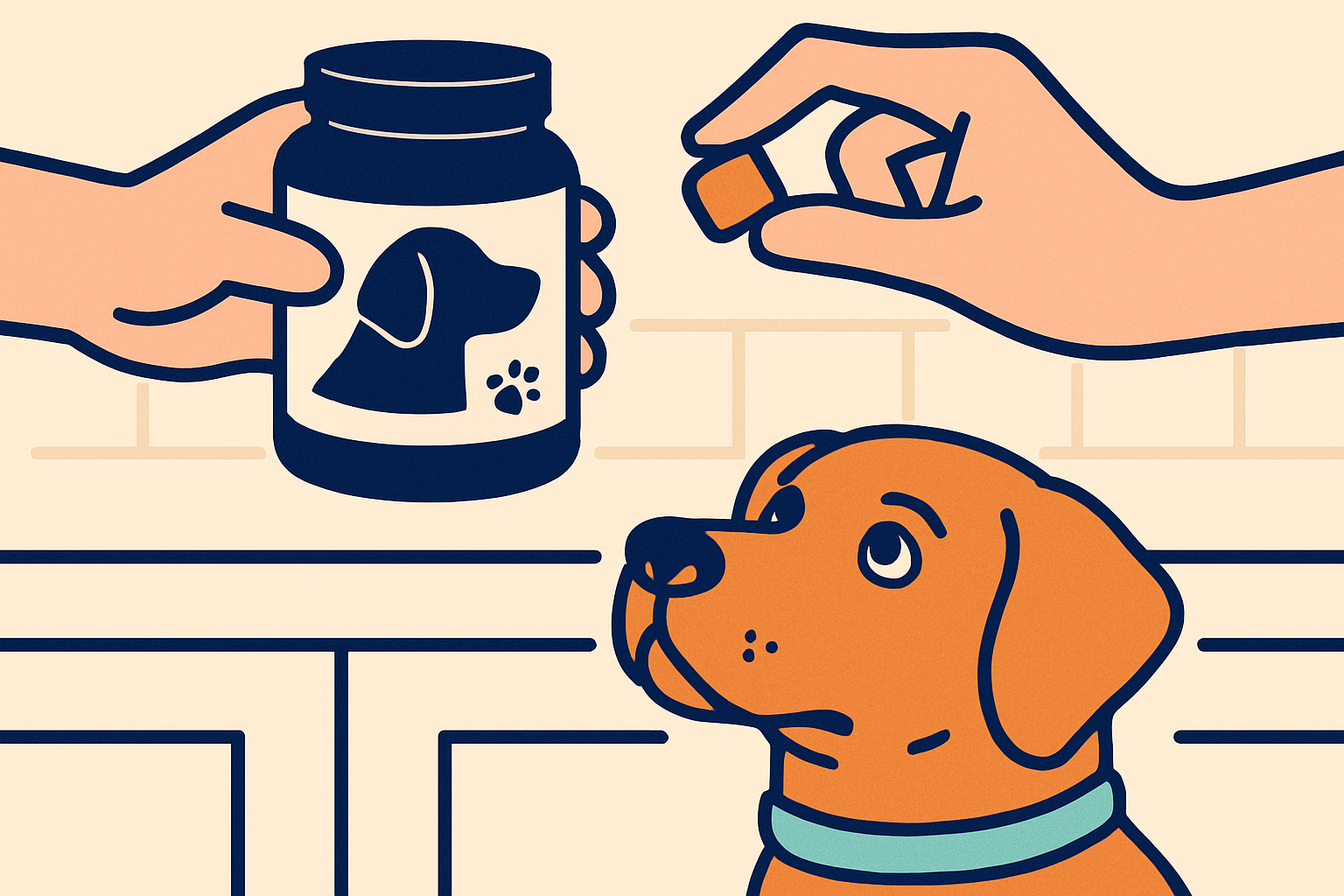 Close-up of hands holding a supplement jar and a soft chew on a kitchen counter, a patient dog waiting below, soft daylight