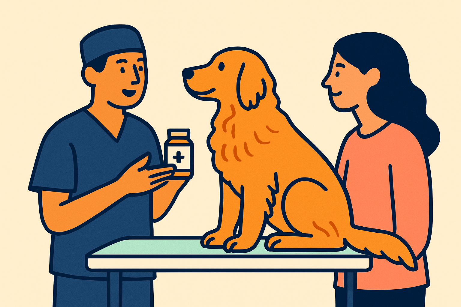 A golden retriever waiting calmly on a clinic exam table while a veterinarian in scrubs holds a small supplement container and talks with the owner