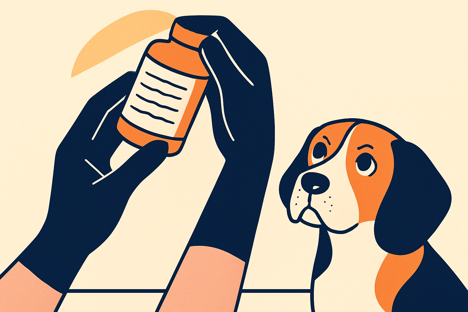Close-up of a person's hands holding a supplement label up to the light, reading the fine print, with a curious beagle looking up from the floor