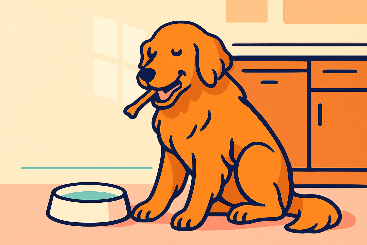 A golden retriever mid-chew on a small dental chew, sitting on a kitchen floor beside a water bowl in warm morning light
