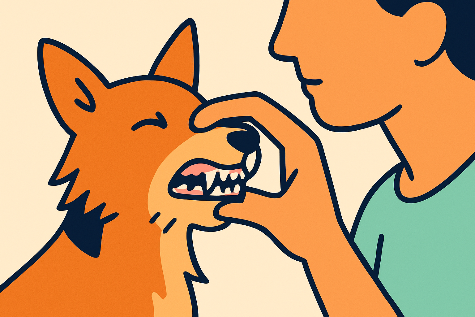 Close-up of a person gently lifting a small terrier's lip to check pink gums and back teeth, calm expression, soft neutral background