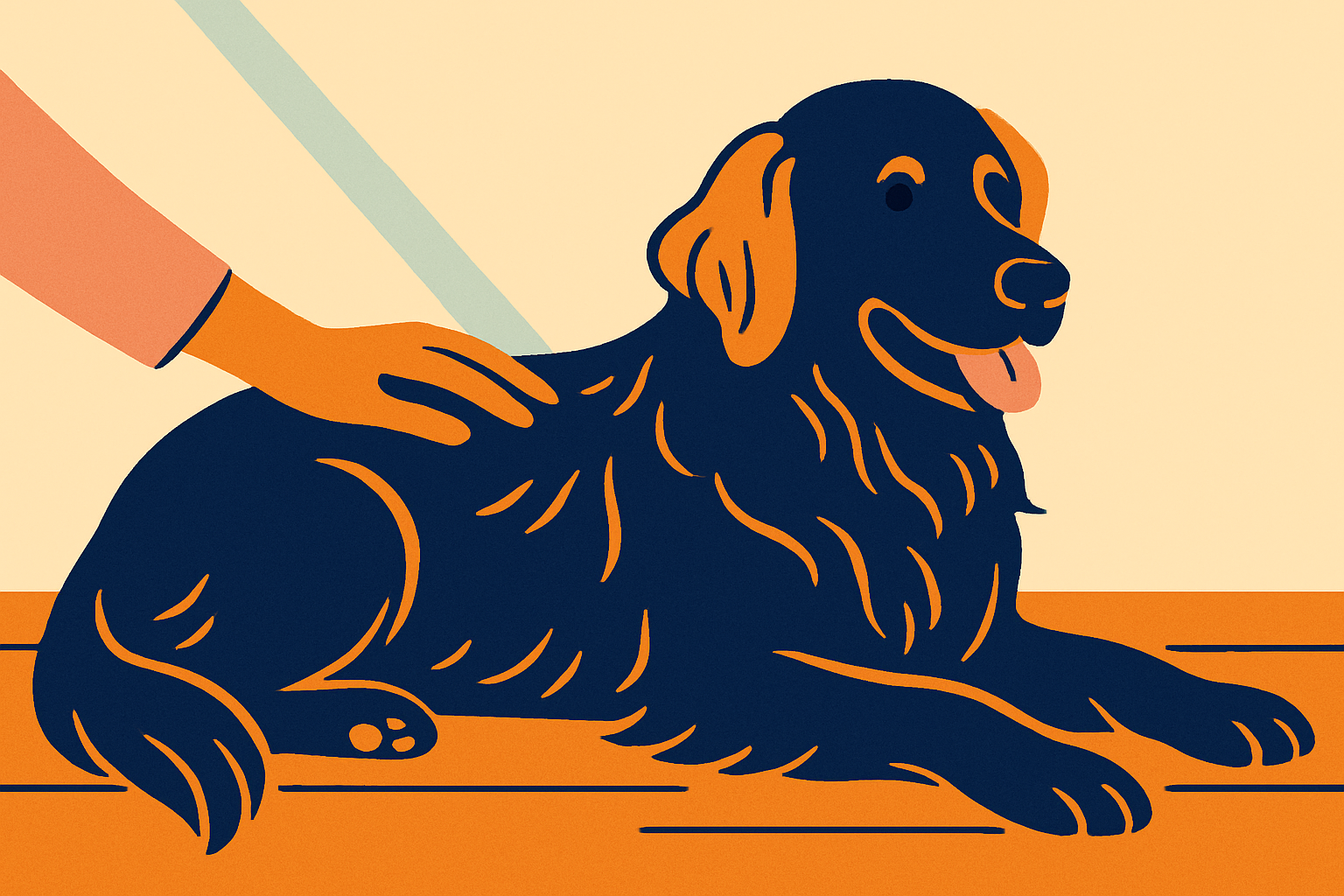 Golden retriever lying on a sunlit wood floor while a hand runs fingers through the glossy fur along its back