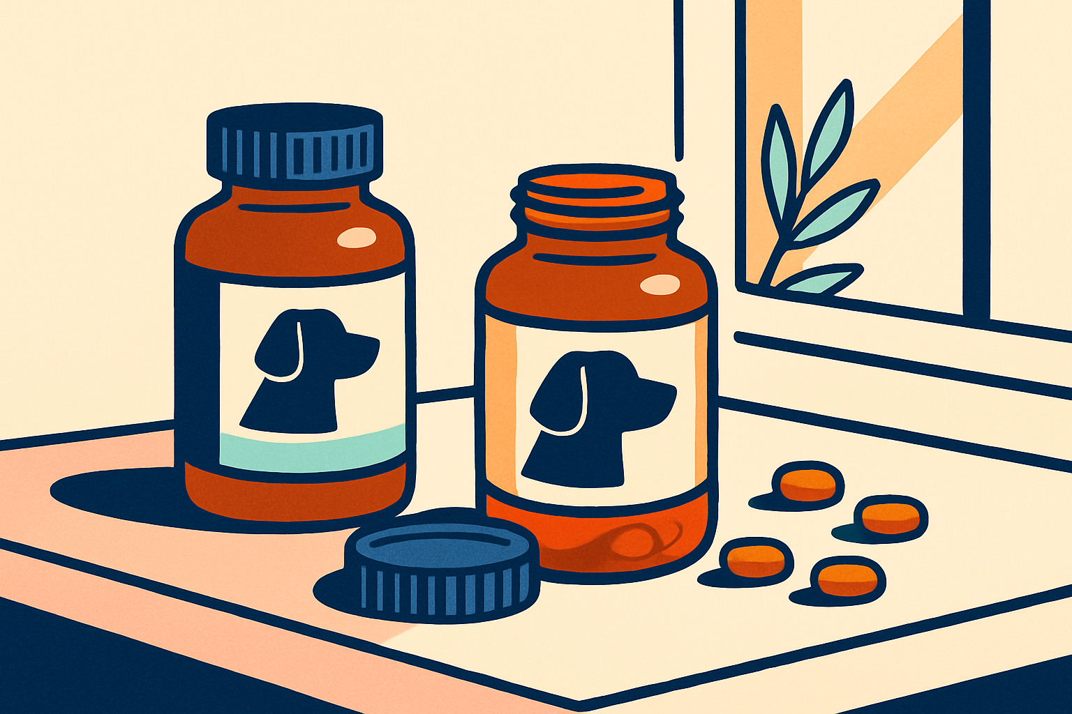Two amber supplement bottles on a kitchen counter, one sealed in cool shade and one open in harsh sunlight beside a window