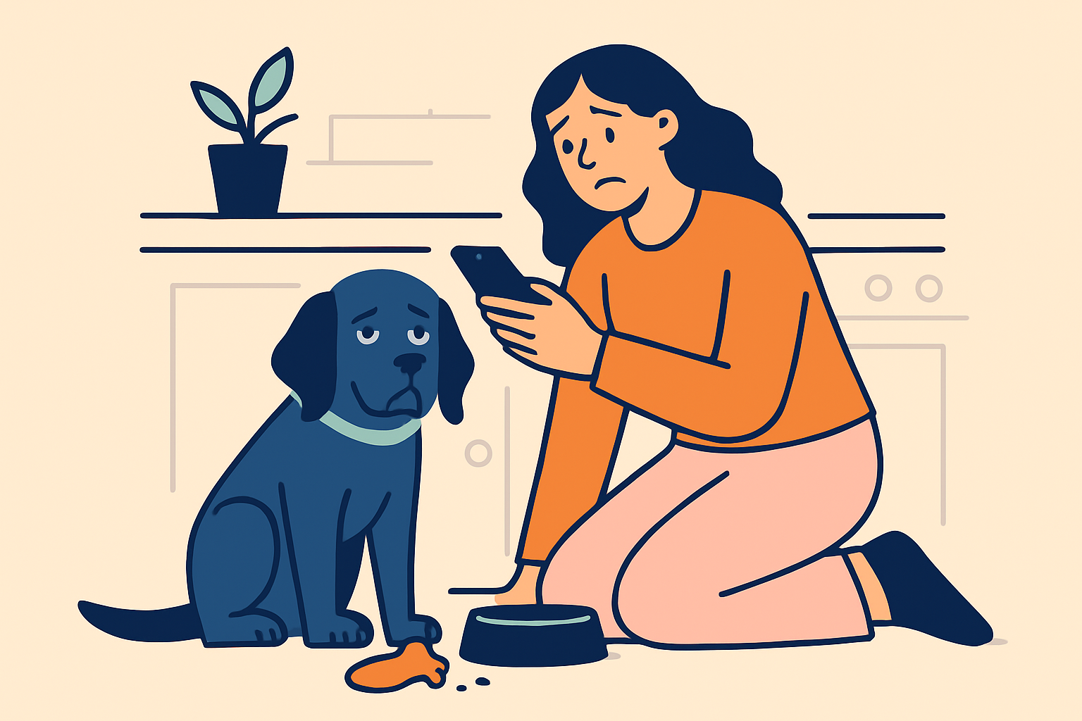 Worried owner kneeling on a kitchen floor beside a droopy medium-sized dog, phone in hand, a chewed sock and empty food bowl nearby