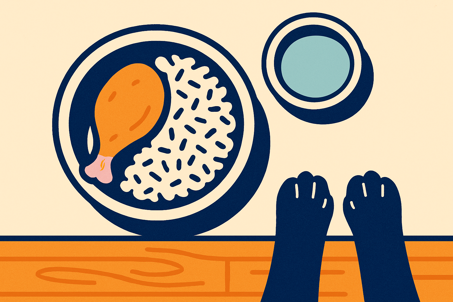 Overhead view of a plain white bowl with boiled chicken and white rice on a wooden floor, small water bowl beside it, calm dog paws at edge