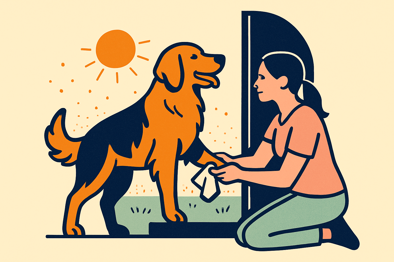 Golden retriever standing in a back doorway while a kneeling owner wipes the dog's front paw with a damp cloth, sunny pollen-dusted lawn behind