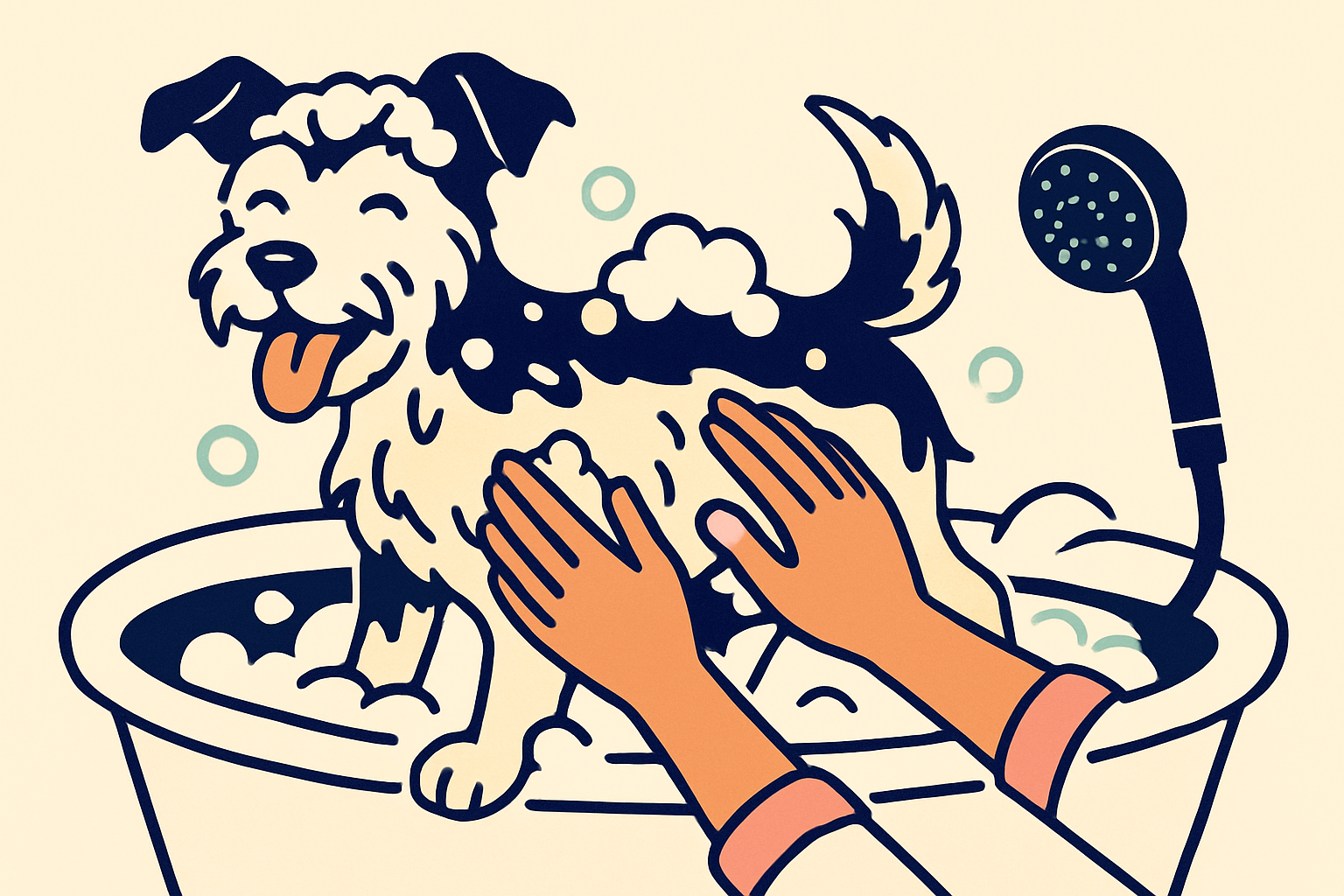 Happy wet terrier mix standing in a bathtub covered in suds while owner's hands massage shampoo along its belly, handheld sprayer resting nearby