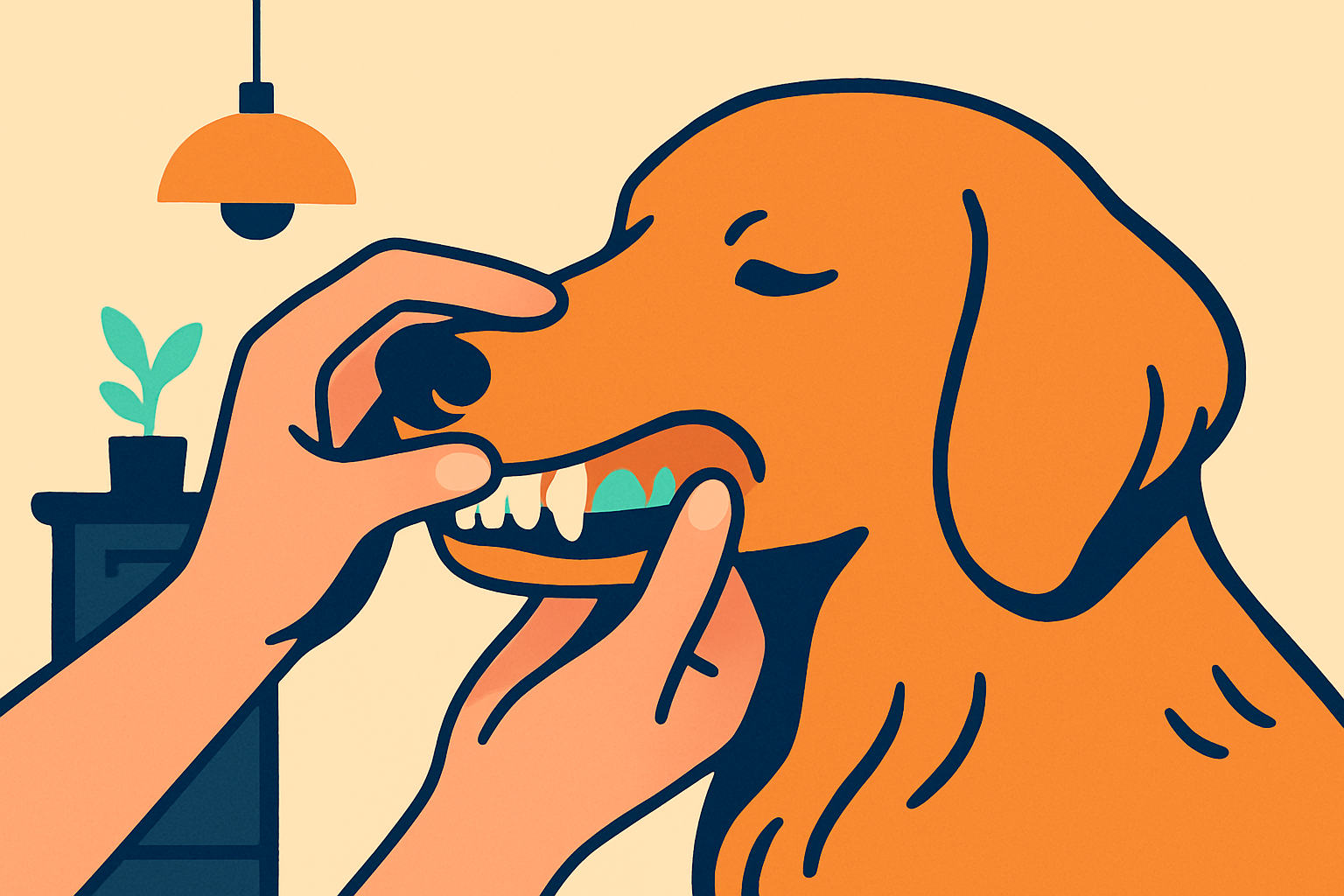 Close view of a calm golden retriever's mouth with human hands gently lifting the lip to check gums, warm kitchen light
