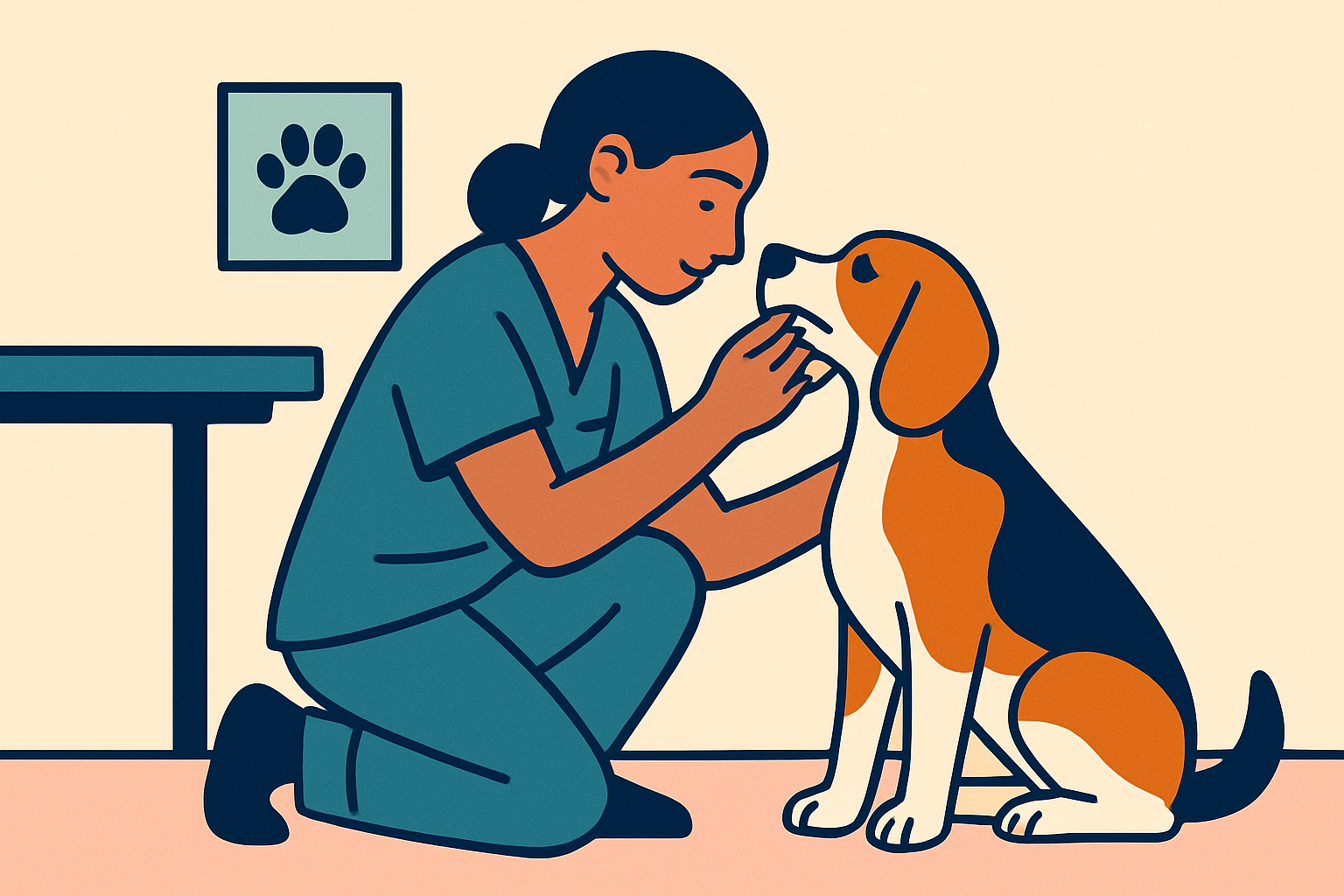 Veterinarian in scrubs kneeling beside an attentive beagle in an exam room, gently checking its gums, soft daylight