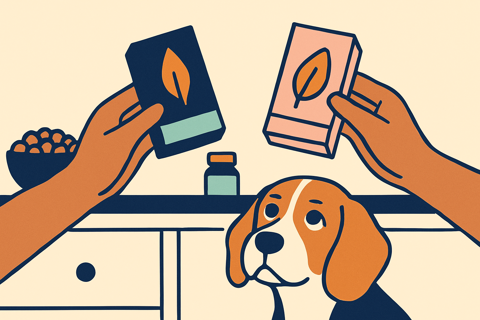 Close up of a person's hands holding two allergy medicine boxes over a kitchen counter while a curious beagle watches from below