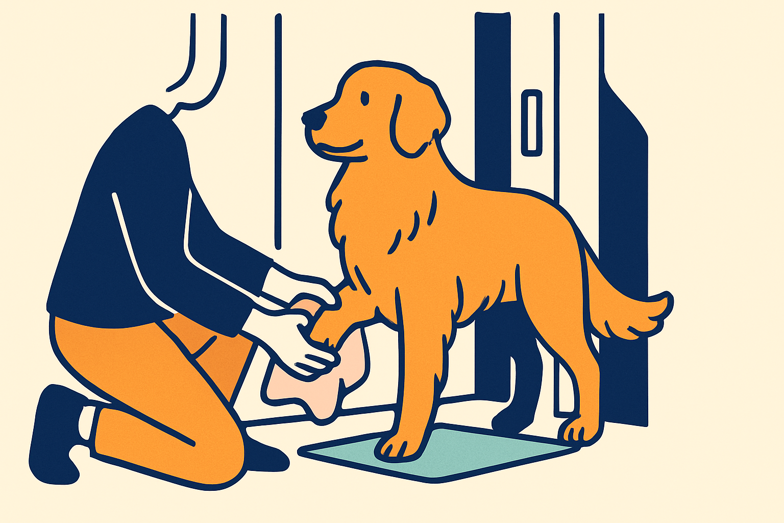 Golden retriever standing calmly in a doorway while an owner wipes its front paws with a soft cloth after a walk