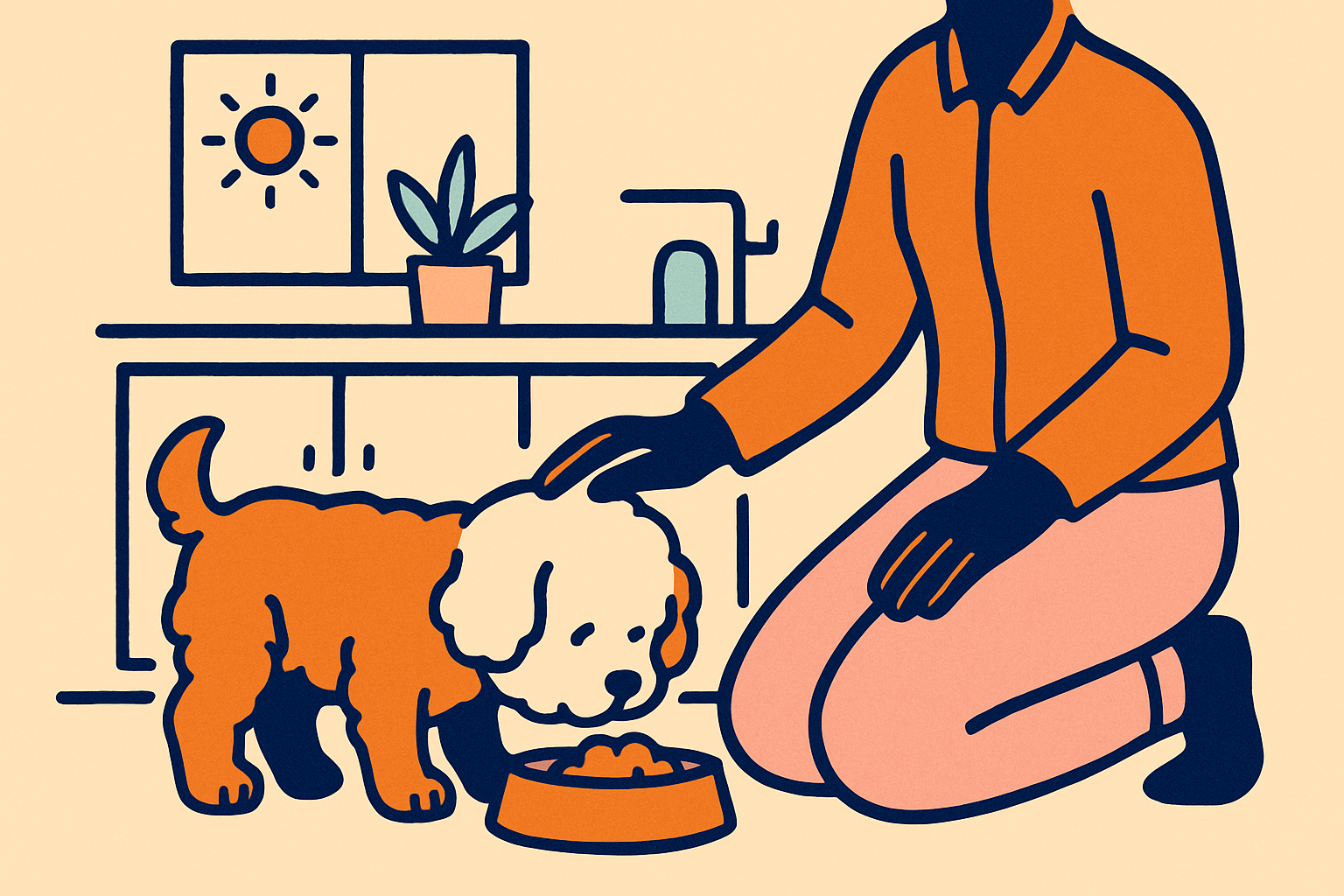 A small fluffy puppy eating from a bowl in a sunny kitchen while a person kneels nearby with a reassuring hand on its back