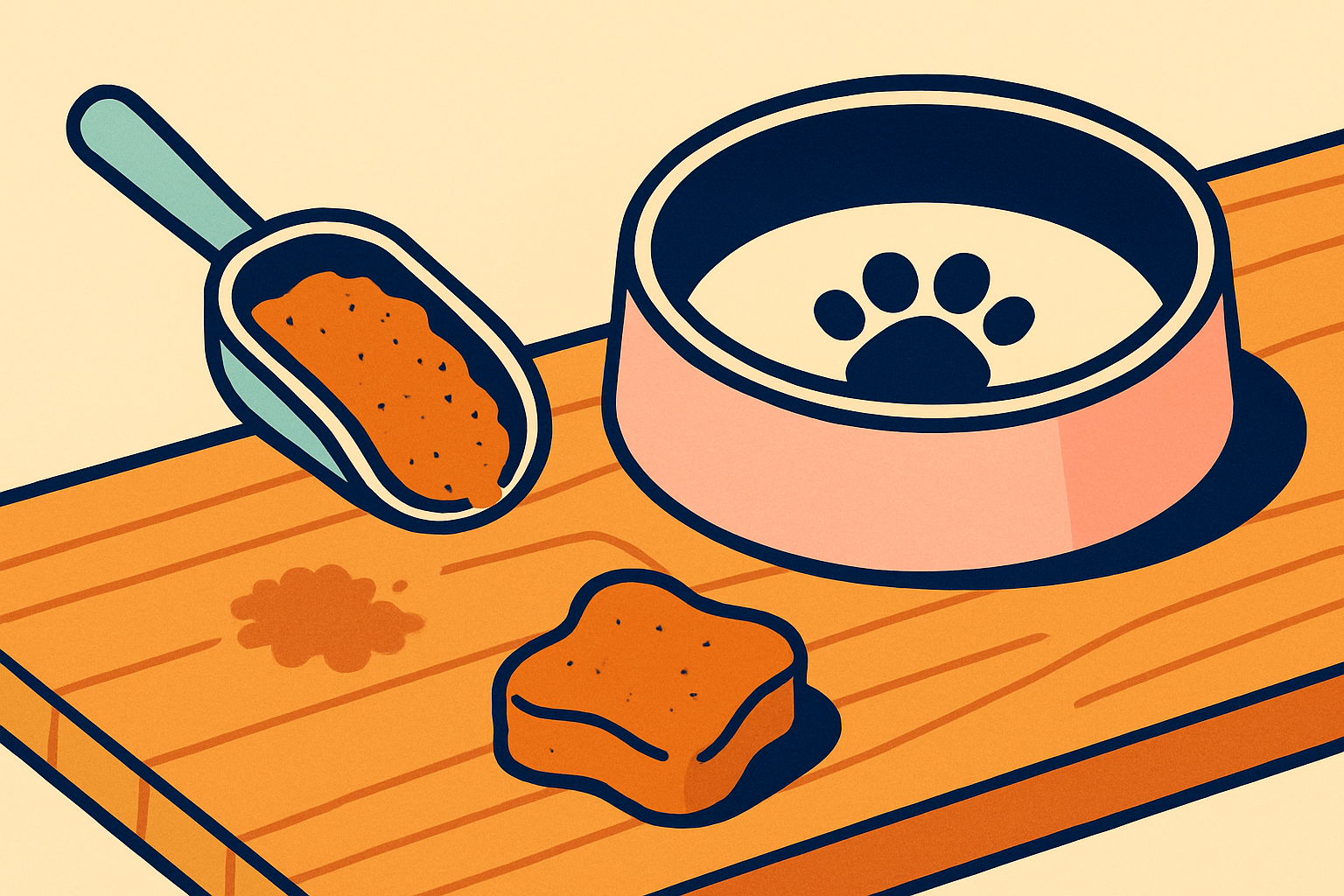 Flat lay of a soft chew beside a small scoop of orange pumpkin powder and a ceramic dog bowl on a wooden counter in warm light