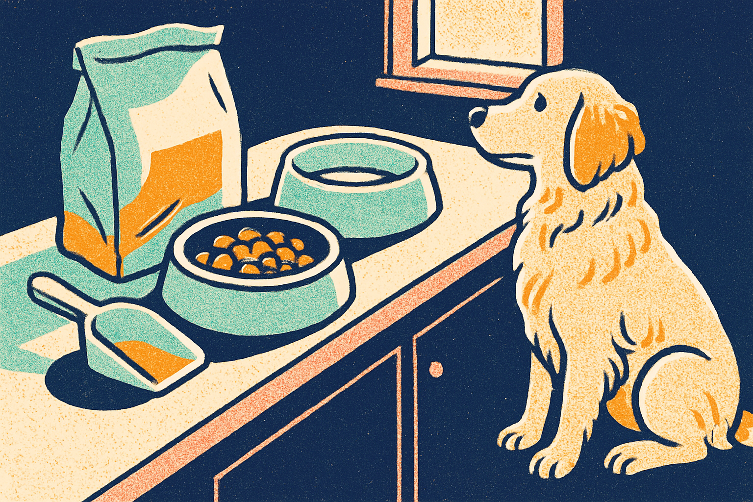 Kitchen counter at morning light with two dog food bowls, one bag of kibble open, a measuring scoop, and a golden retriever waiting patiently