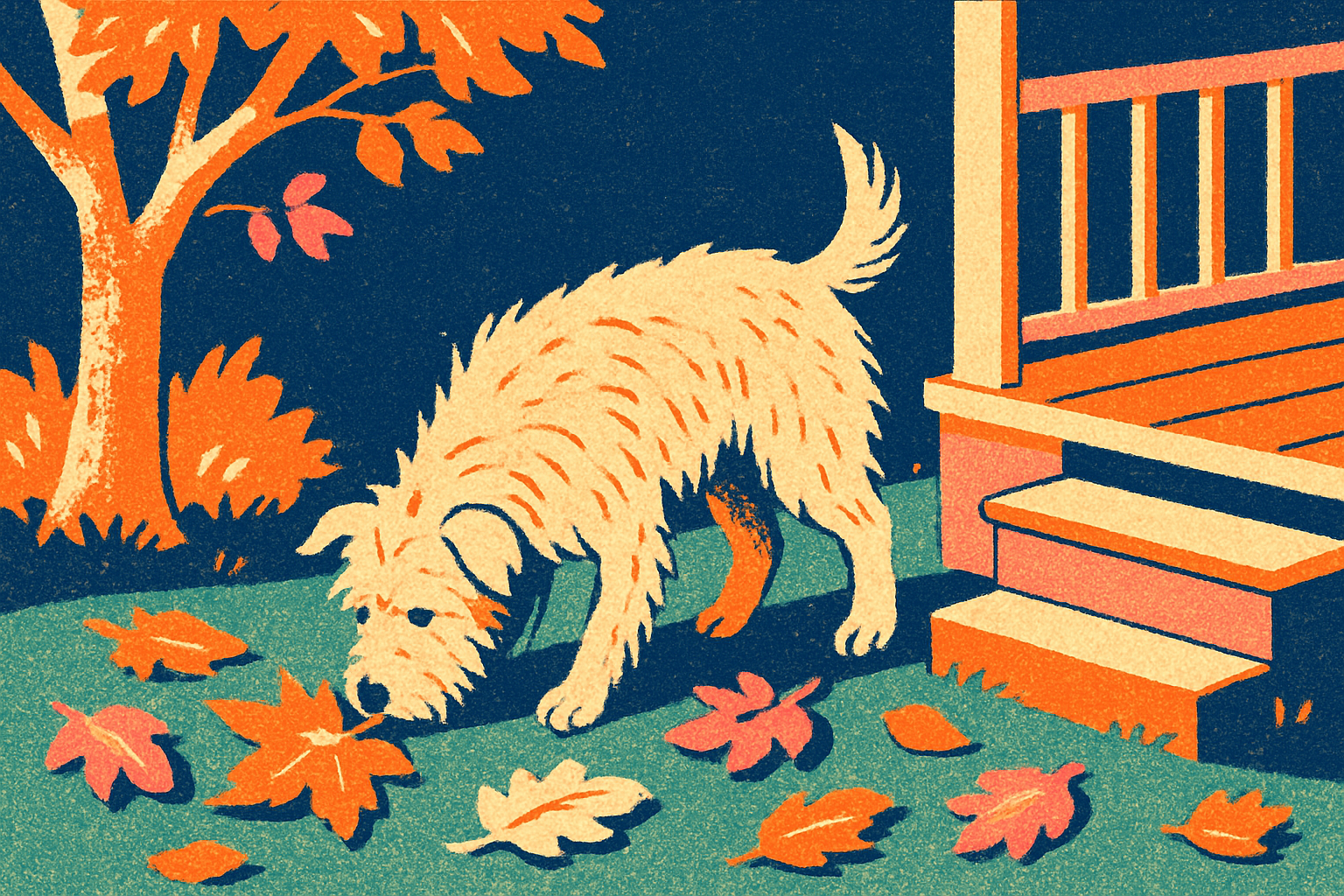 Autumn backyard scene with a scruffy terrier mix sniffing fallen leaves near a porch, cozy late afternoon light, fall colors