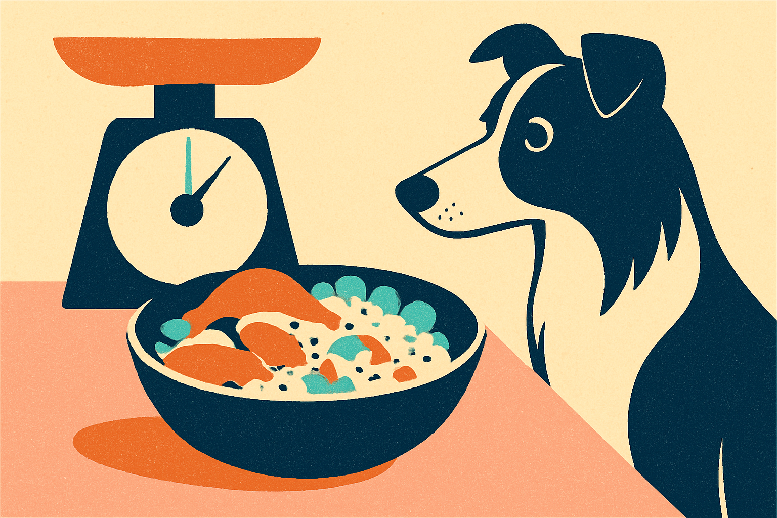 Kitchen counter with a bowl of home-cooked chicken, rice and vegetables beside a measuring scale, an attentive Border Collie watching closely