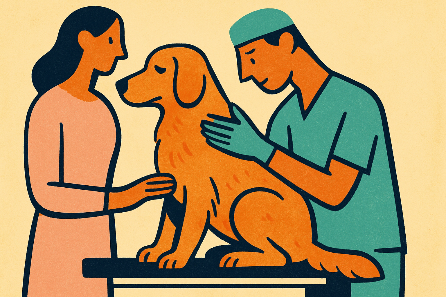 Veterinarian in scrubs gently examining a calm senior golden retriever on an exam table, owner's hand resting on the dog's back
