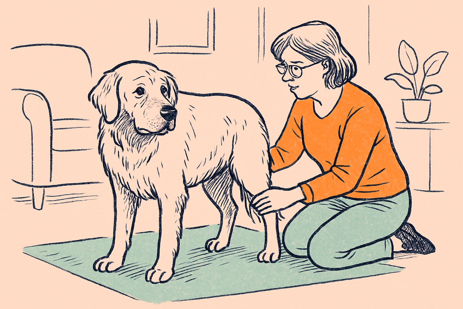 Senior golden retriever with gray muzzle standing stiffly on a living room rug while owner kneels beside him gently feeling his hind leg