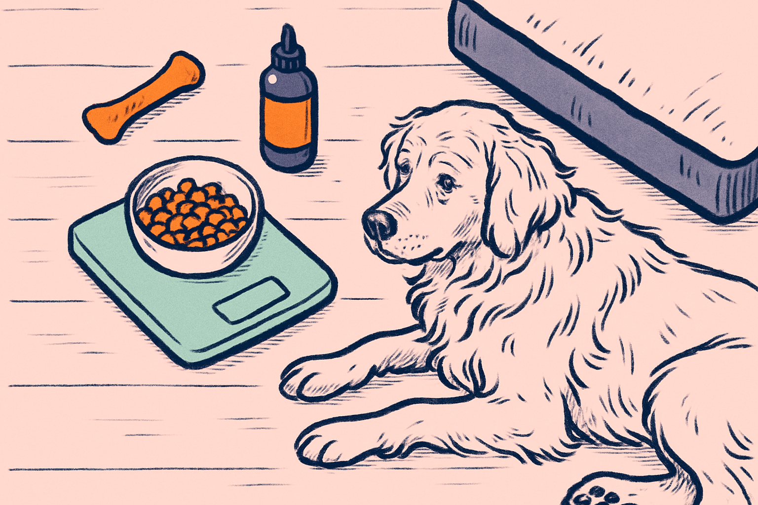 Overhead flat lay on wood floor of a soft chew, salmon oil bottle, kitchen scale with measured kibble, and corner of a thick orthopedic bed