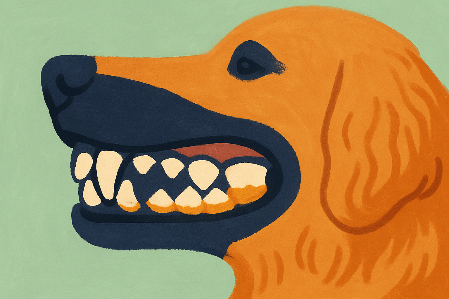 Close-up side view of a golden retriever's upper back teeth, soft pale plaque near the gumline hardening into rough brown tartar