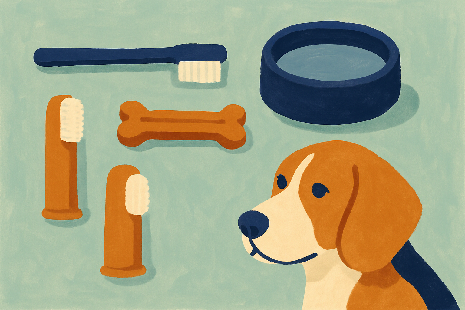 Overhead flat lay on a kitchen counter with dog toothbrush, finger brush, dental chew, water bowl, and a calm beagle watching nearby