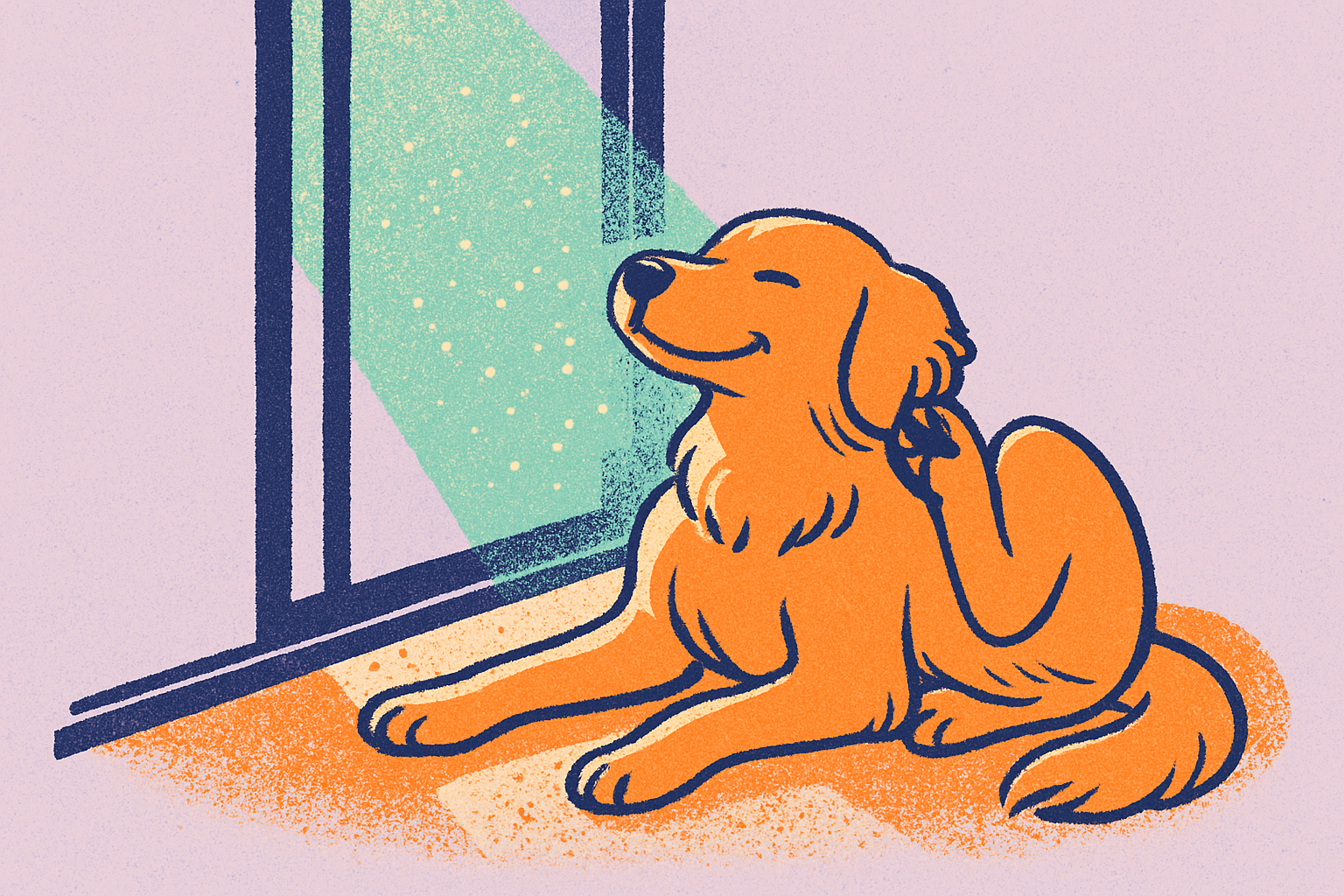 Golden retriever lying by a screen door in late summer light, pollen drifting in the sunbeam, scratching one ear with a hind paw