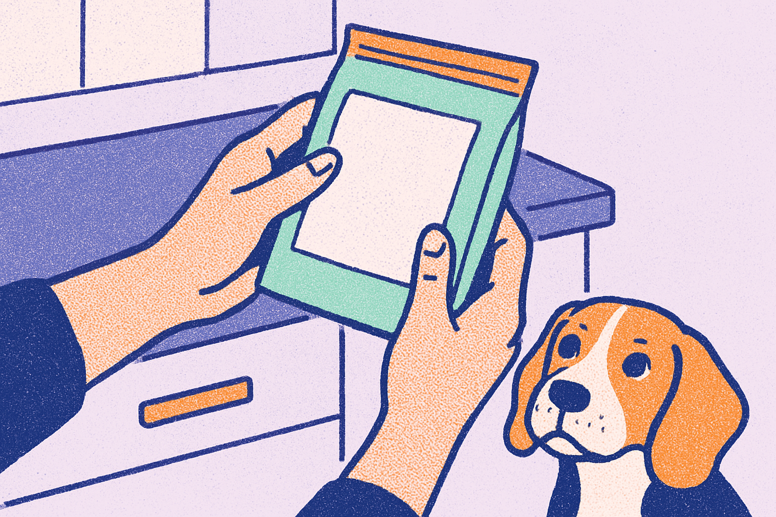 Close up of hands turning a supplement pouch over to read the back panel on a kitchen counter, beagle watching from below