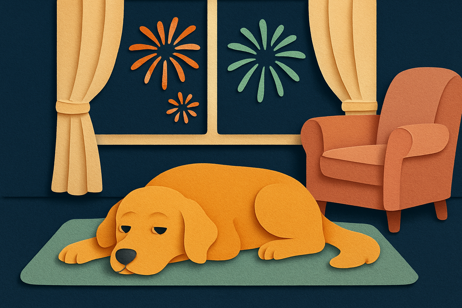 A drowsy golden retriever lying flat on a living room rug, eyes half open, bright fireworks flashing beyond a curtained window behind him