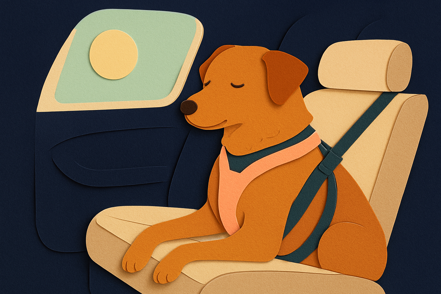 A medium brown mixed-breed dog resting calmly in a car safety harness on a back seat, soft morning light through the window